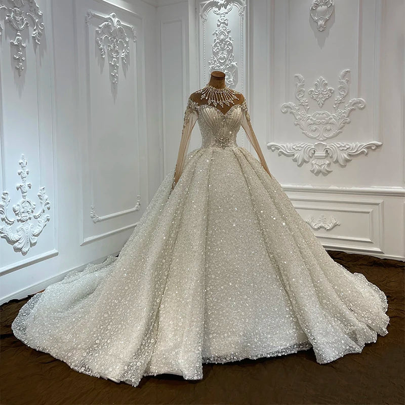 Crystal, Luxury Crystal Beaded Shimmering Wedding Dress Embroidery Long Sleeve Princess Bridal Gown