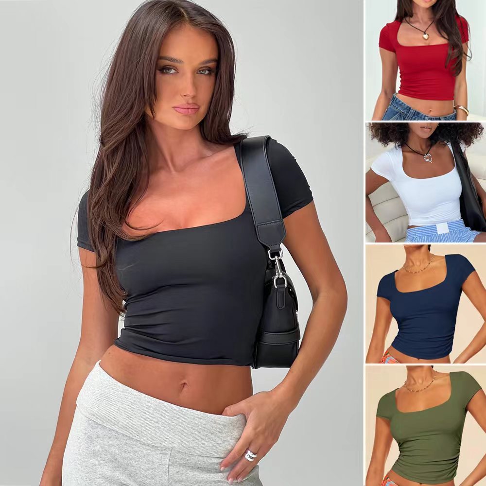 Young Muse, New Slim Short-sleeved Crop Top Summer Fashion Sexy Solid Color Square-neck Women&