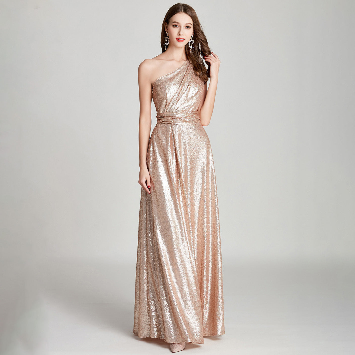 Allurement, Sequined One Shoulder Bridesmaid/Evening Gown in Multiple Colors