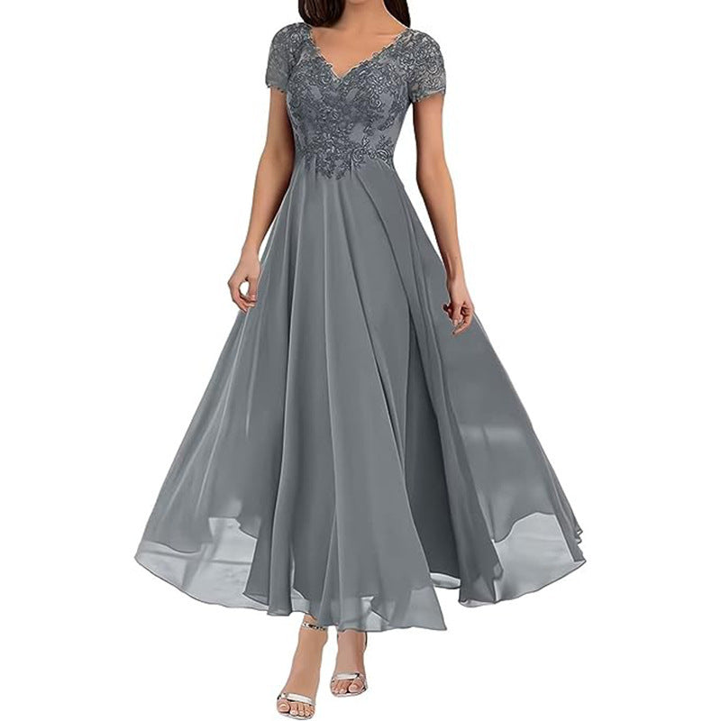 Bellia, New Short Sleeve Lace Bodice Classy Long Bridesmaid/Evening Dress (Plus Sizes)