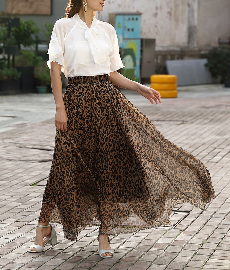 Dalliance, Leopard Print Feminine Chiffon Long Skirt