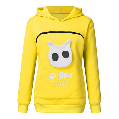 Fun Wear, Women Hoodie Sweatshirt With Cat Pet Pocket Design, Long Sleeve Sweater