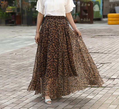 Dalliance, Leopard Print Feminine Chiffon Long Skirt