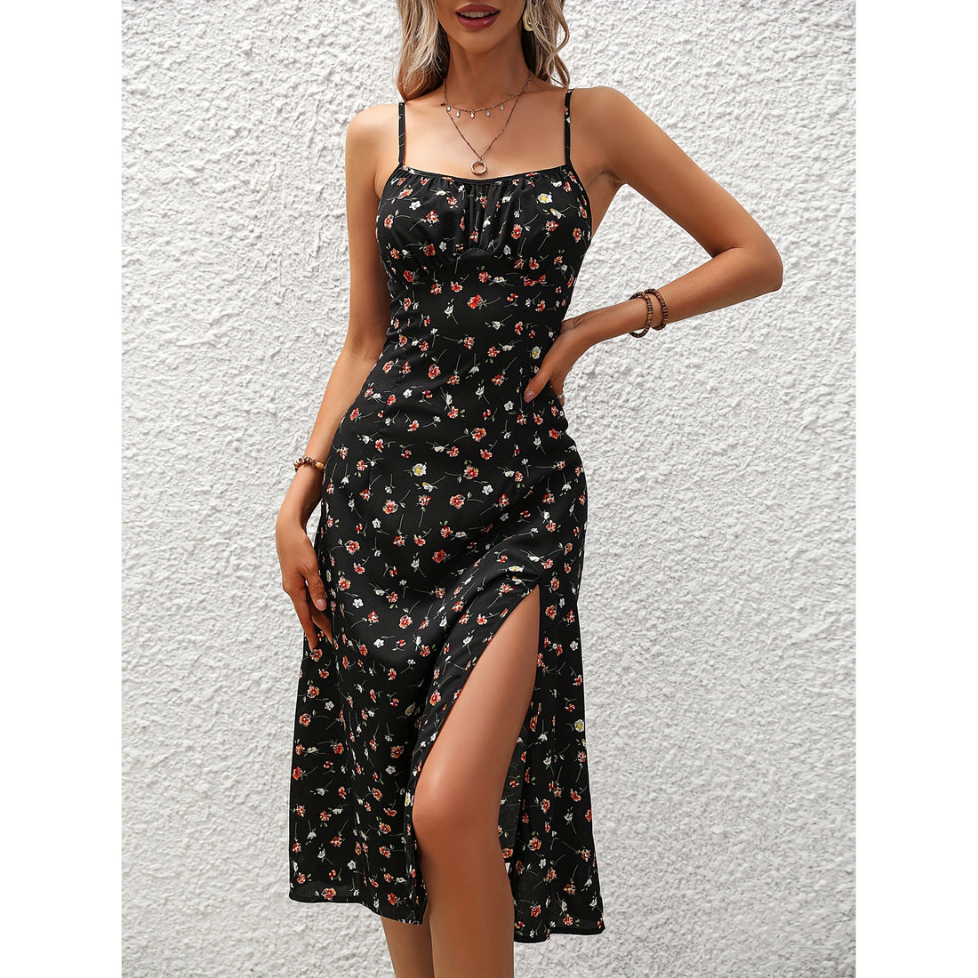 Playful Innocence, New Polka Dot Print Spaghetti Strap Summer Sexy Slit Mid Length Dress For Women
