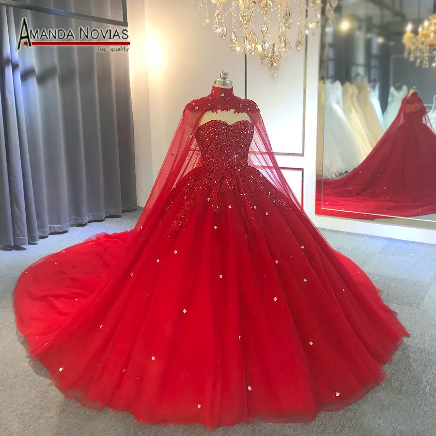 Amanda Novias, Red Holiday Wedding Dress With Cape, Wedding Party Dress Full Beading