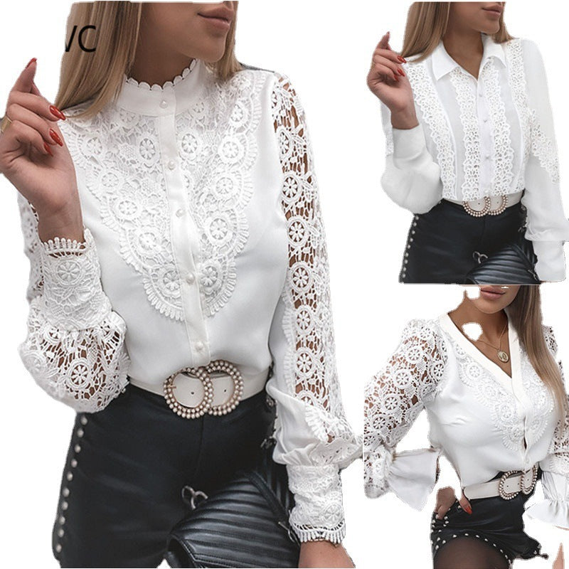 White Lace, Fashion Lace Long Sleeve V Neck Button Front Shirt for Women