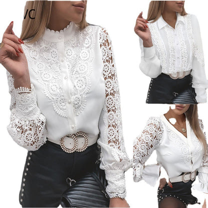 White Lace, Fashion Lace Long Sleeve V Neck Button Front Shirt for Women