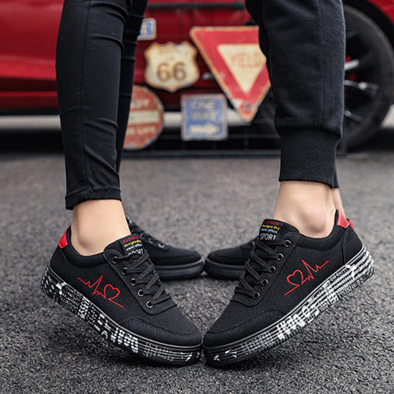 Heart Beat, Love Print Canvas Women Flats Lace-up Casual Shoes