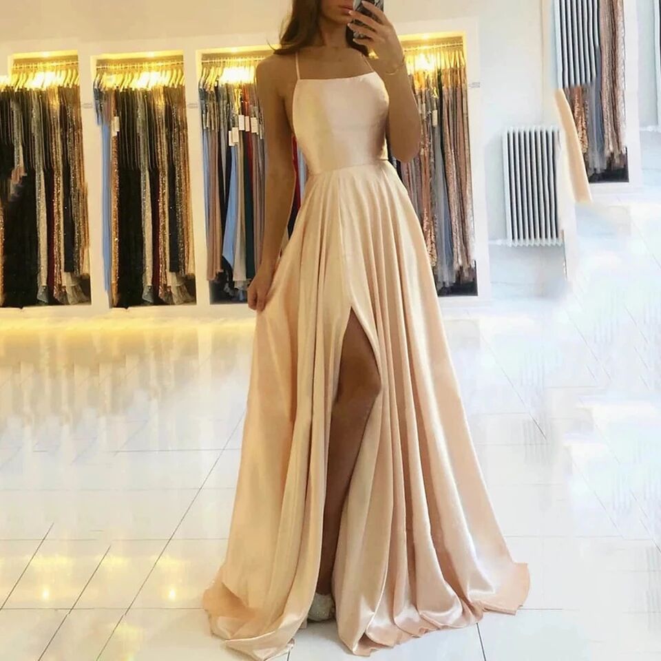 Elegant Evening Gown, Prom Maxi Dress, Sling Glossy Satin Long Dress with High Split