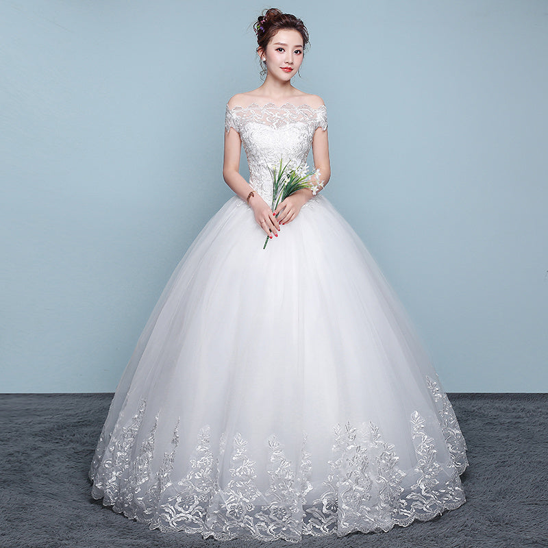 Qidi, Lovely Lace Bodice Full Skirt Off-the-Shoulder Wedding Dress for Women