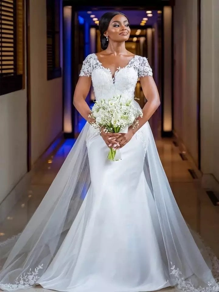 Graceful Elegance, Flowing Satin Fish Tail Bridal Gown with Lace Bodice and Lovely Sheer embellished Train