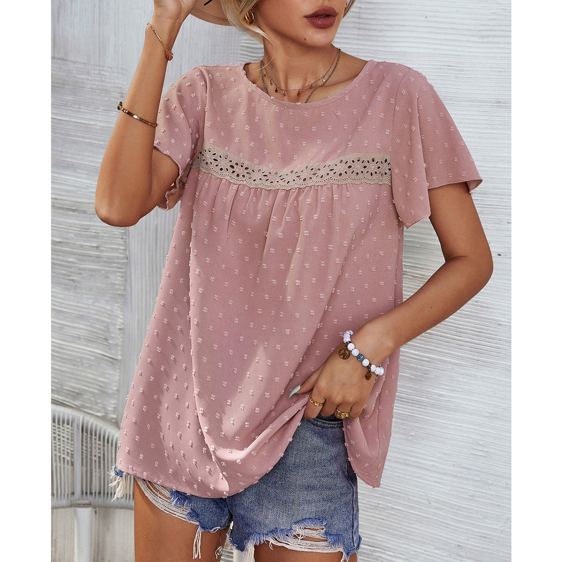 Southern Comfort Short Sleeve Summer Top, Solid Color Lace Babydoll Shirt