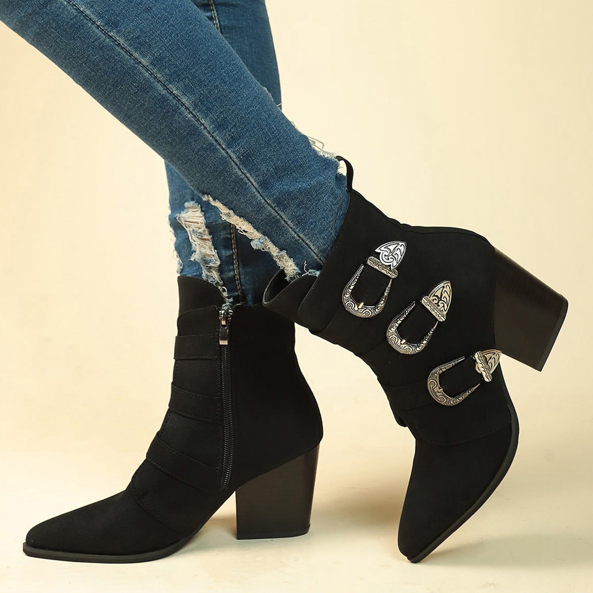 Calamity, Chunky Heel Pointed Toe Boots With Belt Buckle Design, Retro High-Ankle Boot, Fall and Winter Fashion, Shoes For Women