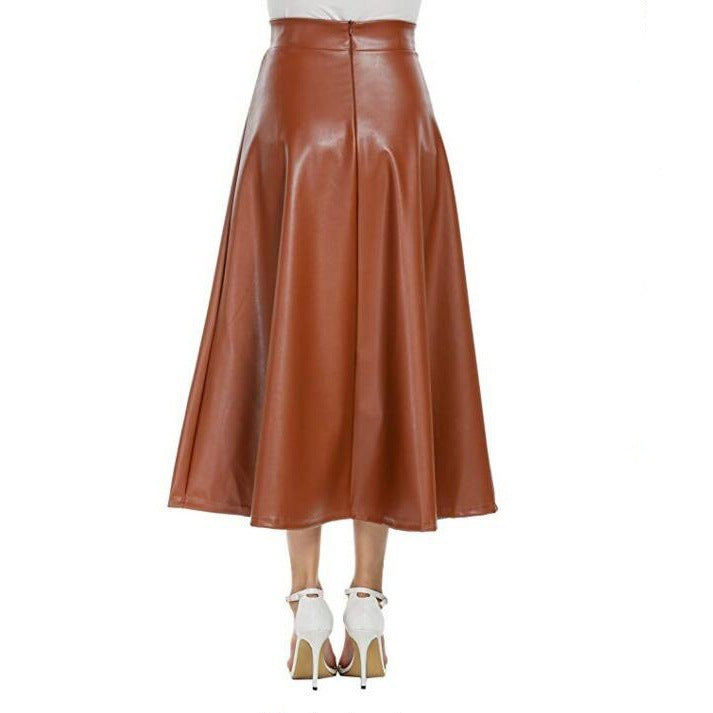 Flair, Faux Leather Mid Length Skirt with High Waist