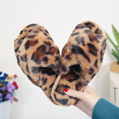 Cross-Strap Fuzzy Slippers Leopard Plush House Shoes Flat Bedroom Slippers For Women