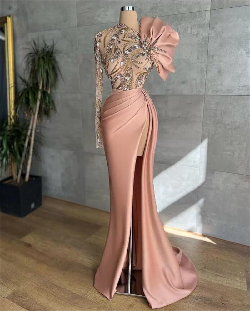 Empress,  High Profile Evening Dress, Waist Cinching Long Sleeve Sequined Bodice with High Split