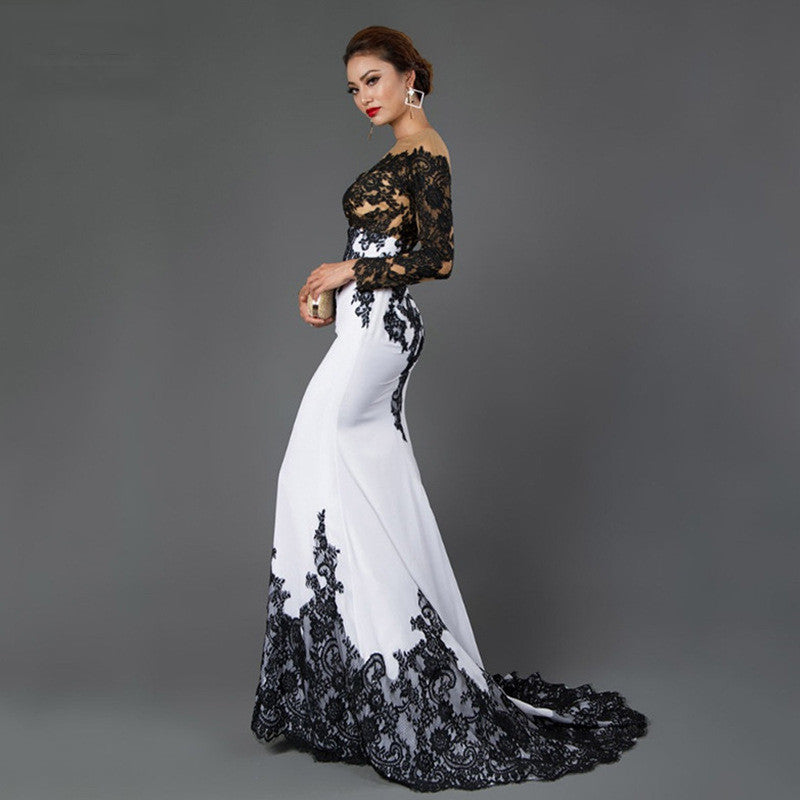 Statements, White Black Is Lace Embroidered Off-Shoulder Slim Fishtail Formal Women&