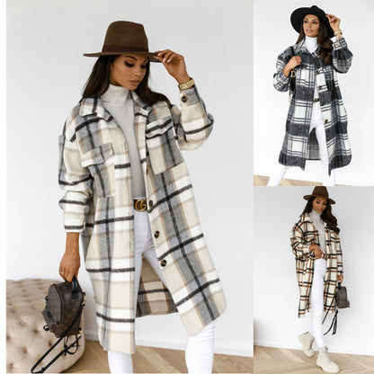 Beau, Lapel Casual Warm Plaid Long Woolen Ladies Coat