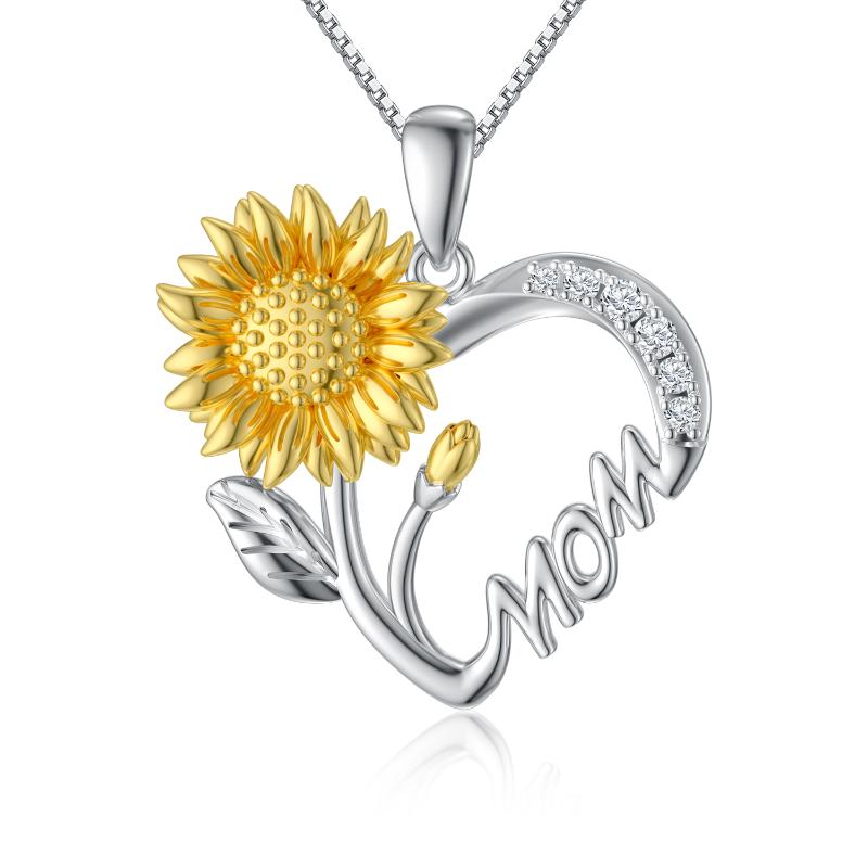 Necklace for Mom, 925 Sterling Silver Sunflower Heart, I Love You Mother Pendant Jewelry Mother&