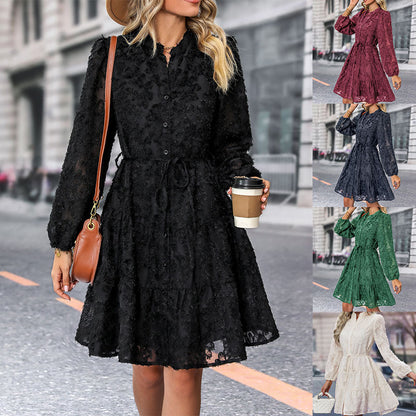 Paulina, Lace Tied Button Down Long Sleeve Dress, Fashion Medium Length Dress for Women