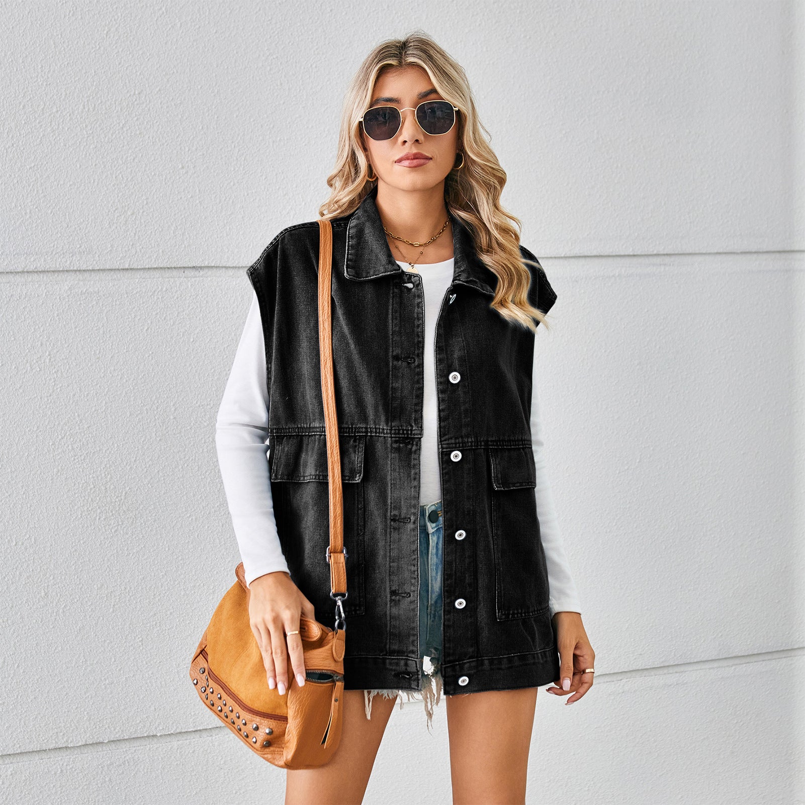 Bestie, Denim Vest With Big Pockets Fashion Sleeveless Outwear Vest Women&