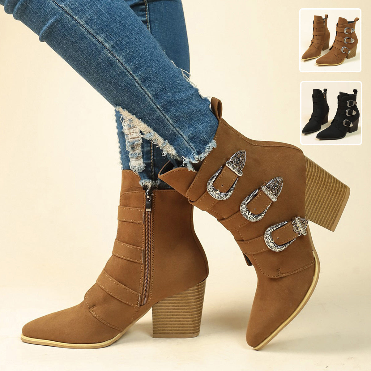 Calamity, Chunky Heel Pointed Toe Boots With Belt Buckle Design, Retro High-Ankle Boot, Fall and Winter Fashion, Shoes For Women