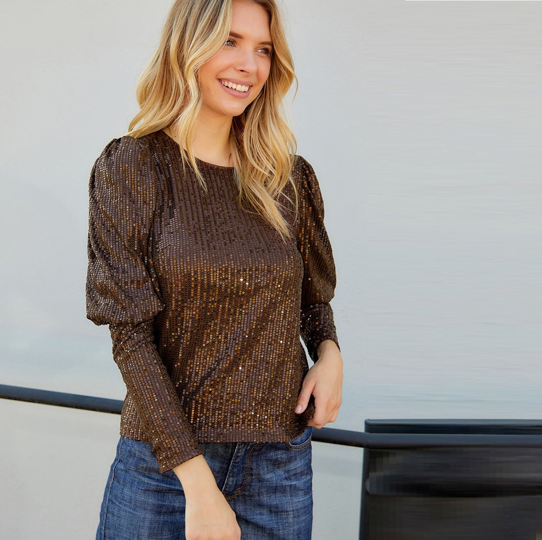 SASS II, Elegant Brown Sequined Gigot Sleeve Top For Women