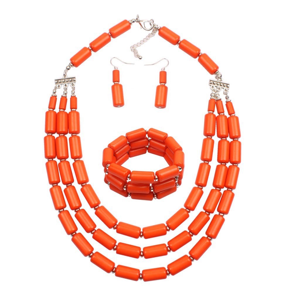 Majestic Coral, Vibrant Coral Colored Beaded Three-piece Multi-layer Necklace, Bracelet and Earring Set