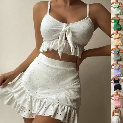 Flirty, 3pcs Beach Ensemble Hip-hugging Wrap Ruffled Skirt Design Swimsuit Set Summer Women&