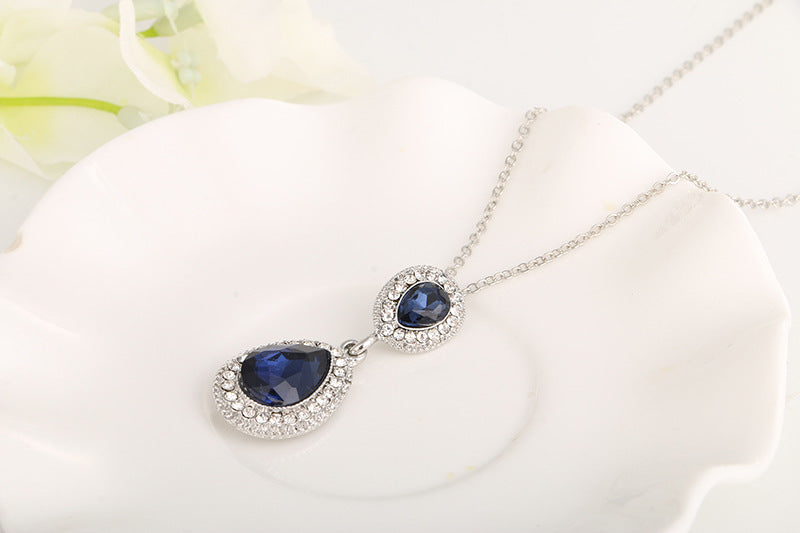 Blue Empress, Crystal Tear Drop Pendant Necklace and Earring Set