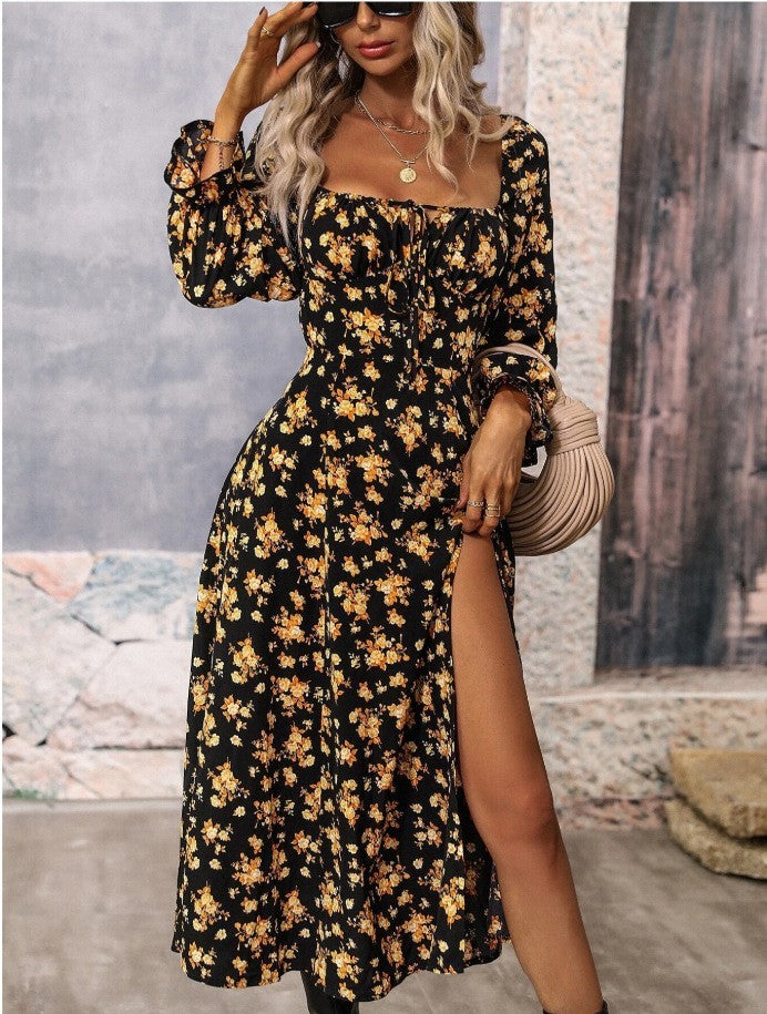 PLATUE, Long Sleeve French Bodice Floral Print Dress, Fashion Square-Neck Women&