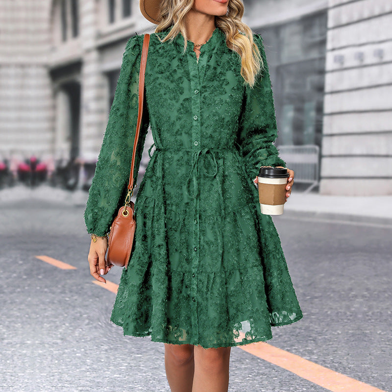 Paulina, Lace Tied Button Down Long Sleeve Dress, Fashion Medium Length Dress for Women