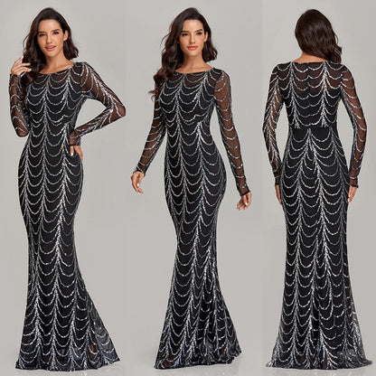 W.E.B., Captivating Long Sleeve Evening Gown with Sequined Scalloped Pattern Design