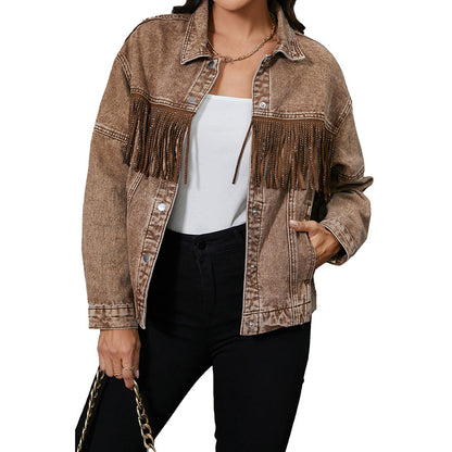 Tassel Lapel Western Denim Jacket  For Women