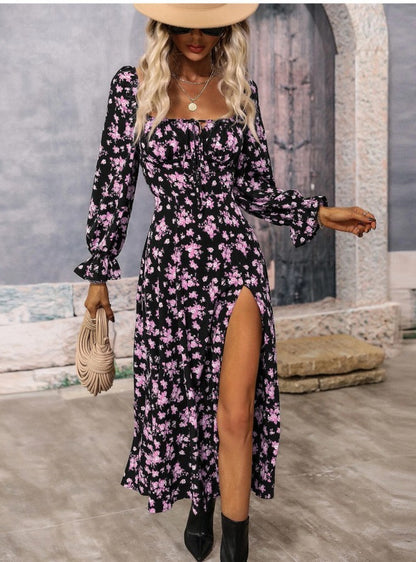 PLATUE, Long Sleeve French Bodice Floral Print Dress, Fashion Square-Neck Women&