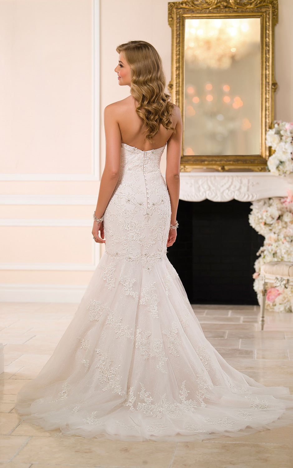 Reveal, Jewel Studded Trailing Mermaid Wedding Dress, Sweetheart Strapless Lace Bodice