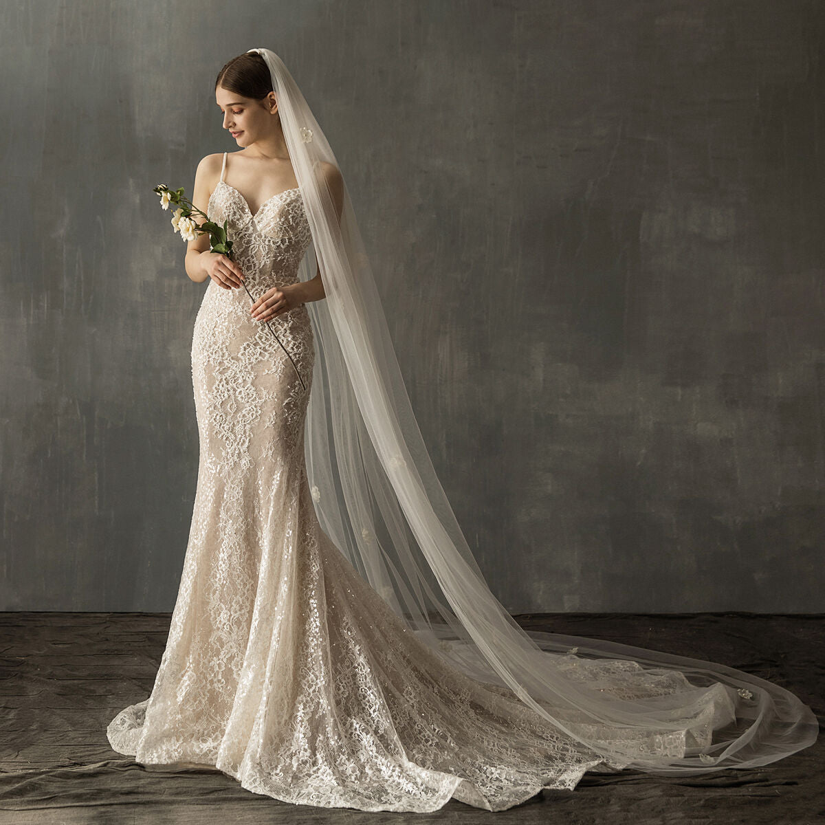 Church Belle,  Long Tulle Veil Dotted with Lovely Pearl Design