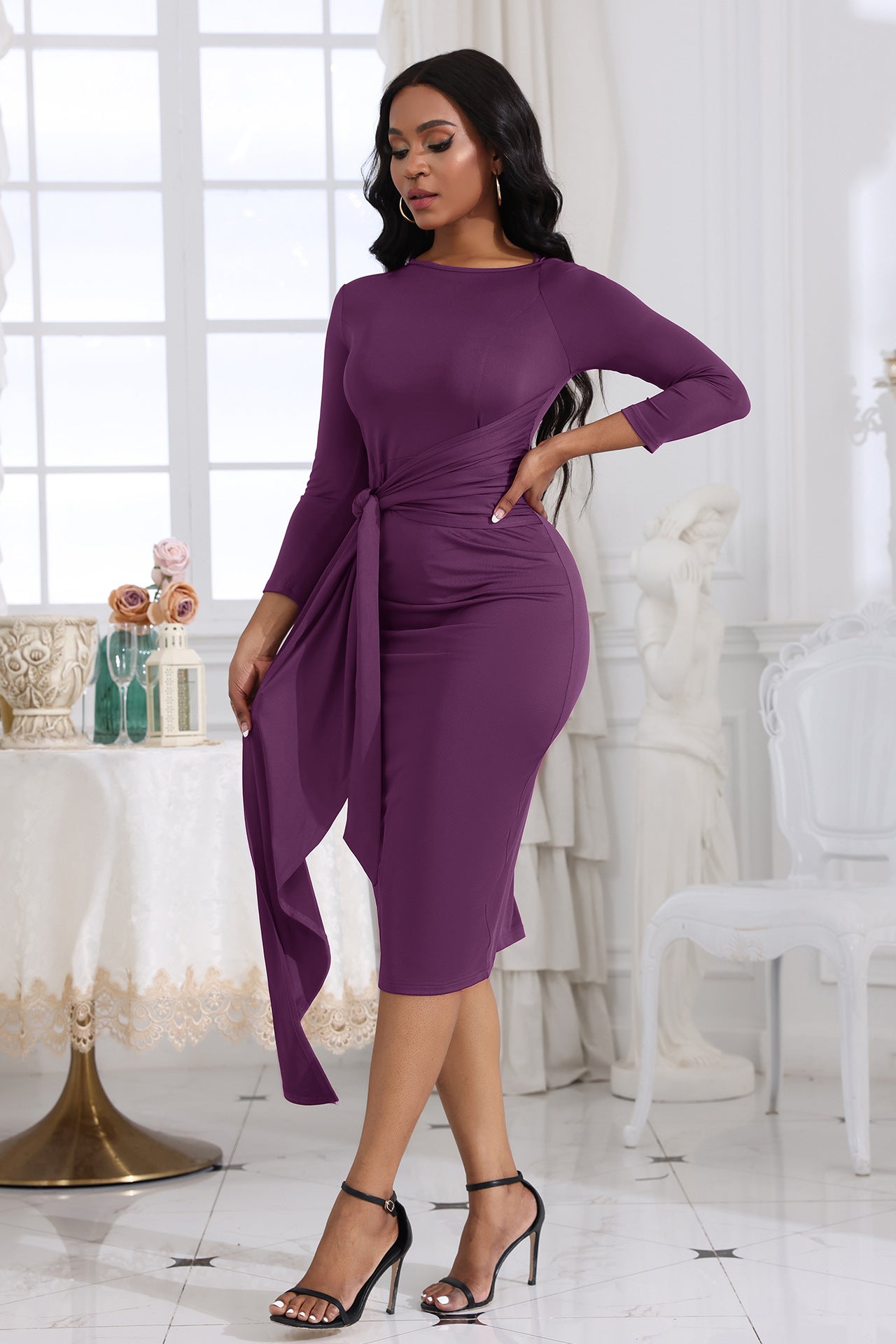 Enchantment, Sophisticated High Neck Waist Slimming Side Drape Fashion Women&