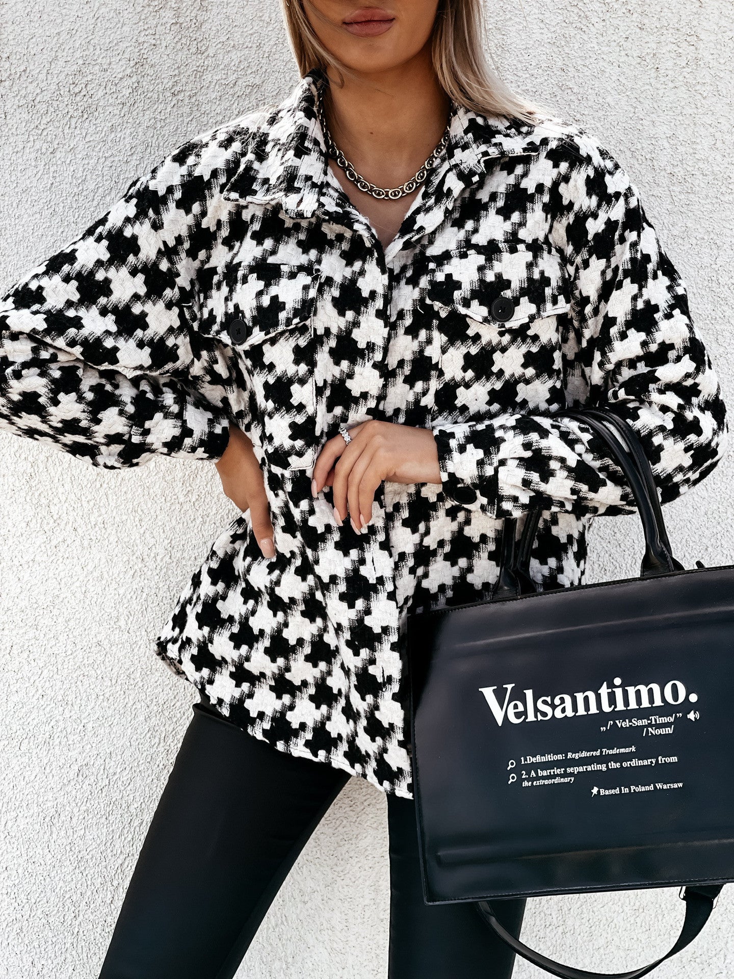 Explosive Net, Autumn And Winter Long-sleeved Houndstooth Printed Woolen Women&