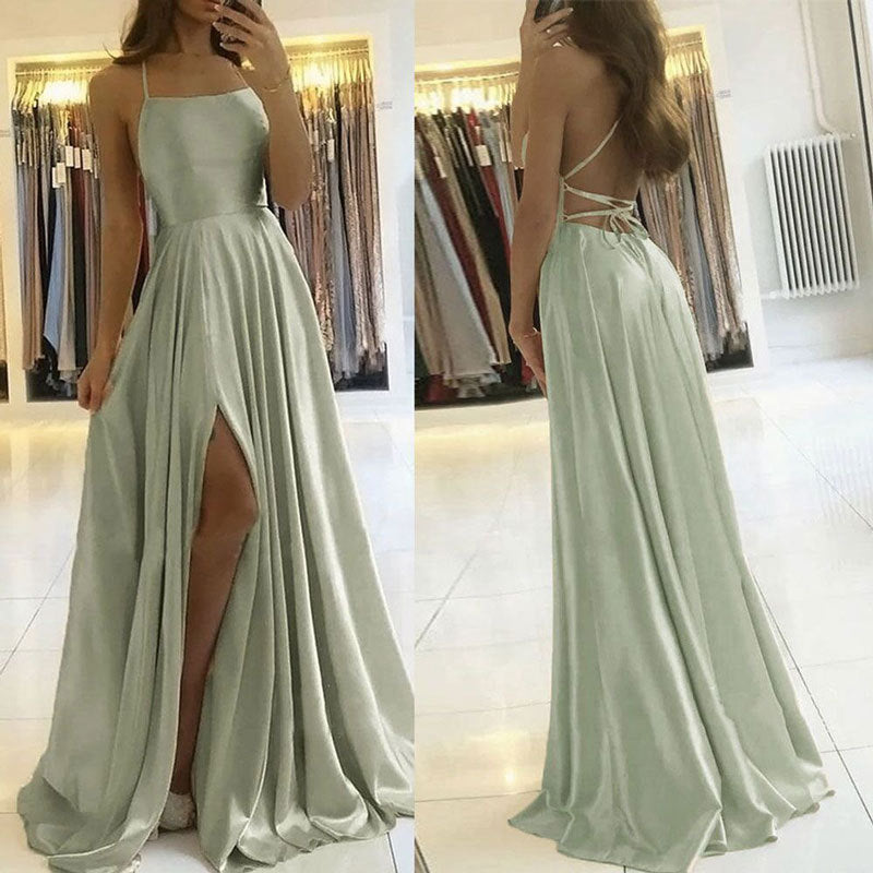 Elegant Evening Gown, Prom Maxi Dress, Sling Glossy Satin Long Dress with High Split