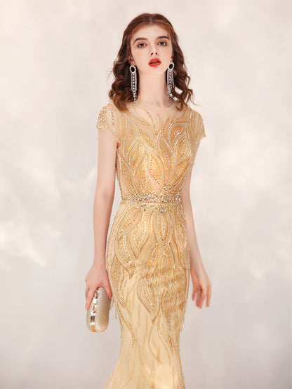 Glory, Fishtail Evening Dress Gold with Modest Train, Host/Event Evening Gown