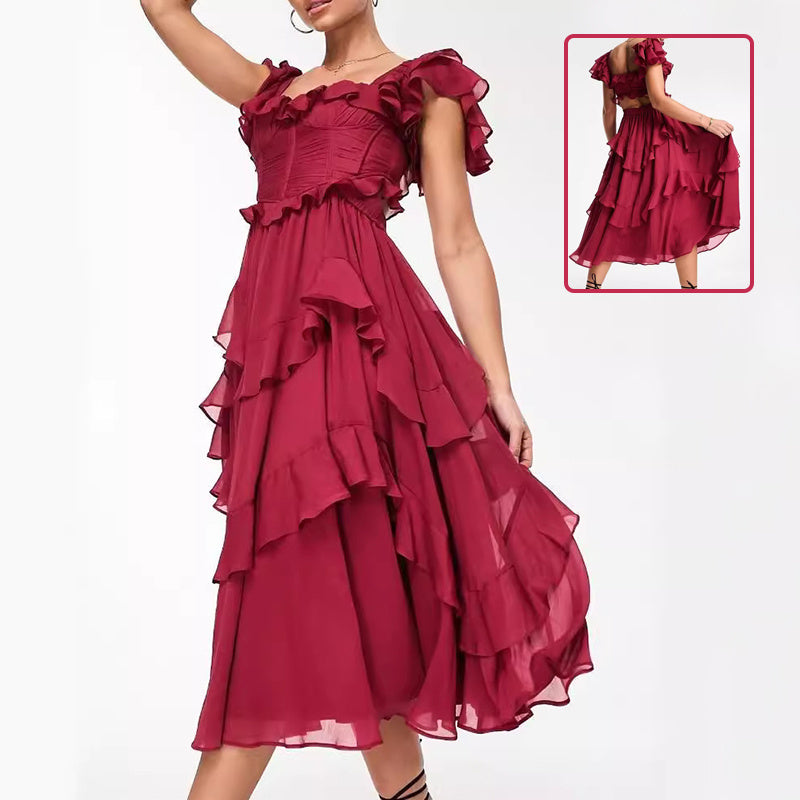 Holiday, Ruffled Short-sleeved Dress Fashion Women&