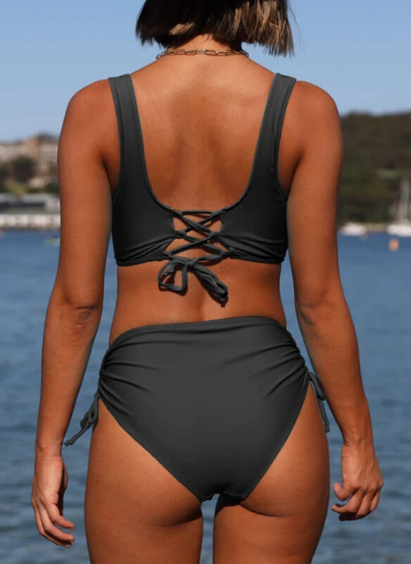 Mediterranean, Summer Holiday Ruched High Cut 2-PIECE Lace Up Bikini Swimwear for Women