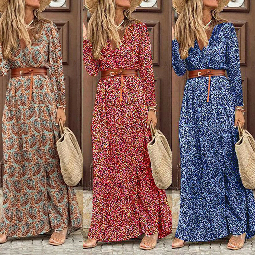 H.A.L.L.O., Long Sleeve V-Neck Boho Floral Dress