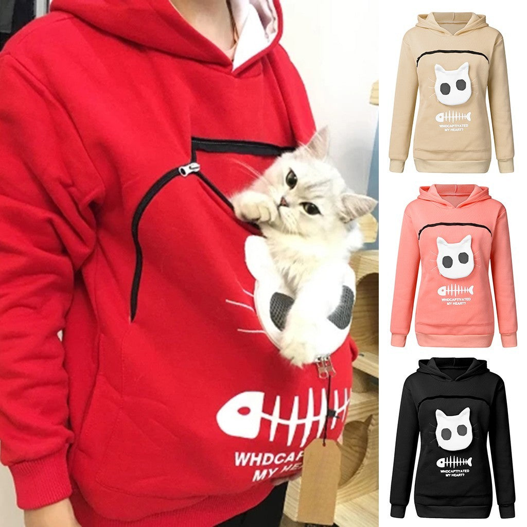 Fun Wear, Women Hoodie Sweatshirt With Cat Pet Pocket Design, Long Sleeve Sweater