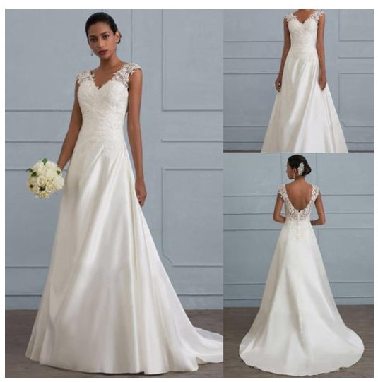 Autumn, Demure V-Neck Lace Bodice Wedding Gown