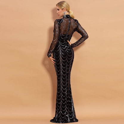 W.E.B., Captivating Long Sleeve Evening Gown with Sequined Scalloped Pattern Design