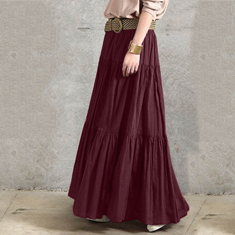 Level Up, Solid Color Pleated Long Loose Cake Skirt, Layered Hem Skirt ( Plus Sizes Available)