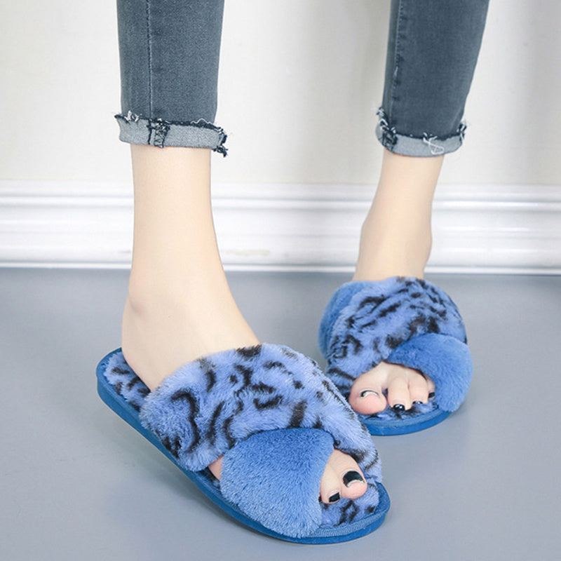 Cross-Strap Fuzzy Slippers Leopard Plush House Shoes Flat Bedroom Slippers For Women