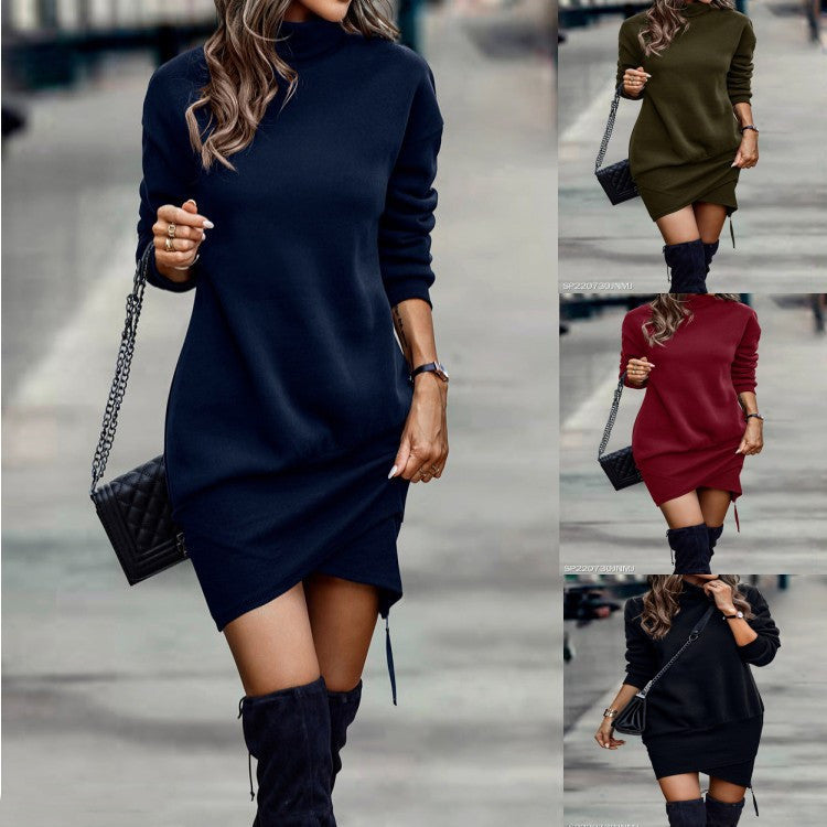 SLB Style, Long Sleeve Dress, Solid Color High Neck Short Dress, Women&